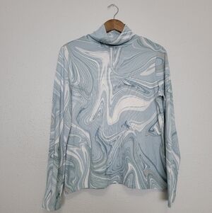 Ann Taylor Blue Marble Swirl Long Sleeve Mock Neck Blouse